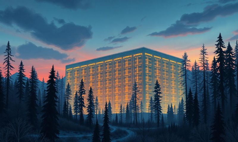 Stort lysande datacenter i en nordisk skog i skymning